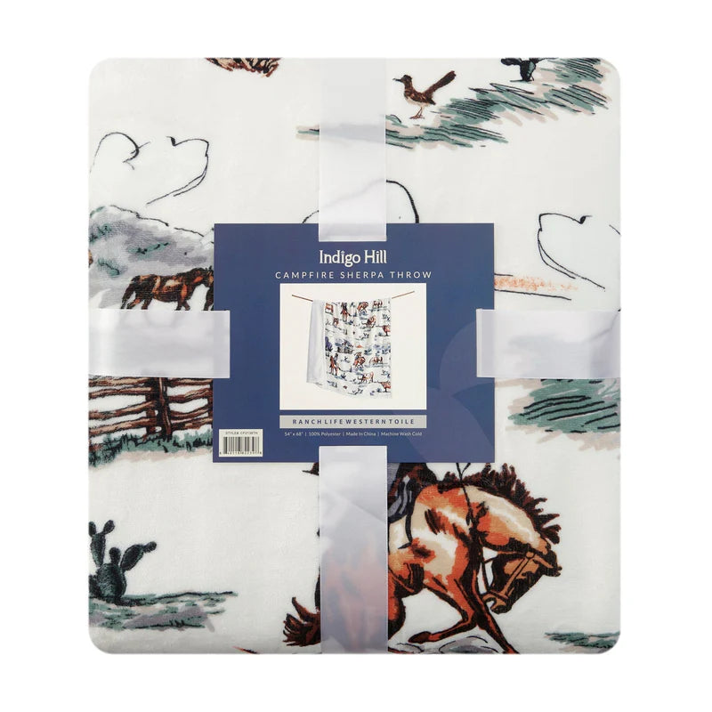 RANCH LIFE WESTERN TOILE CAMPFIRE SHERPA THROW BLANKET