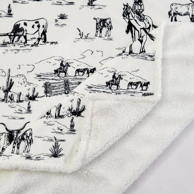 RANCH LIFE WESTERN TOILE CAMPFIRE SHERPA THROW BLANKET