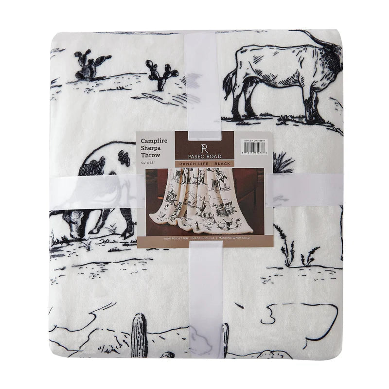 RANCH LIFE WESTERN TOILE CAMPFIRE SHERPA THROW BLANKET
