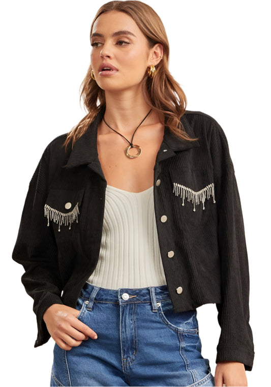 CORDUROY JACKET with RHINESTONE POCKET DETAIL in BLACK