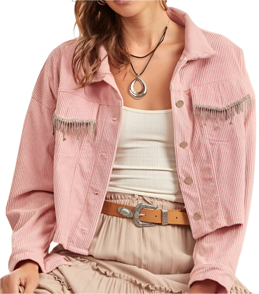 CORDUROY JACKET with RHINESTONE POCKET DETAIL in PINK