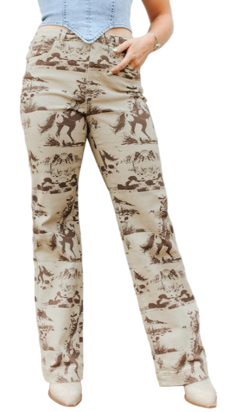 BEIGE DESERT PRINT HIGH RISE JEANS