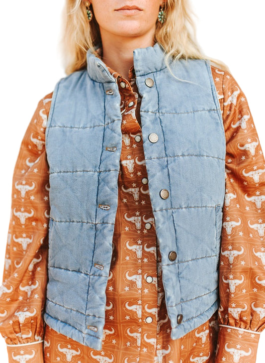 VINTAGE ACID WASH DENIM PUFFER VEST