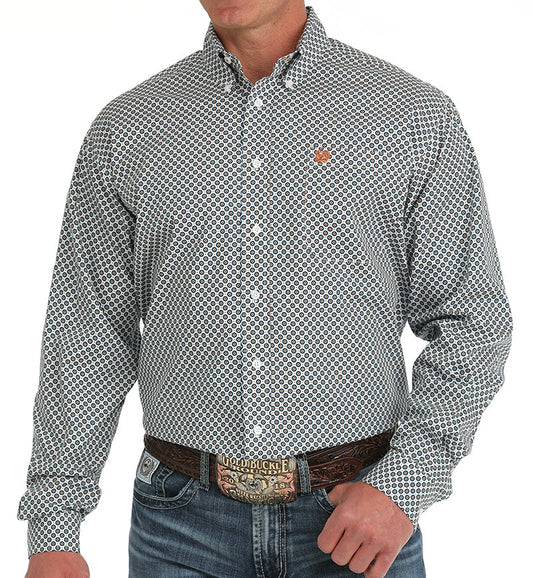 CINCH MEN'S GEOMETRIC PRINT BUTTON-DOWN WESTERN SHIRT - WHITE/TEAL/ORANGE