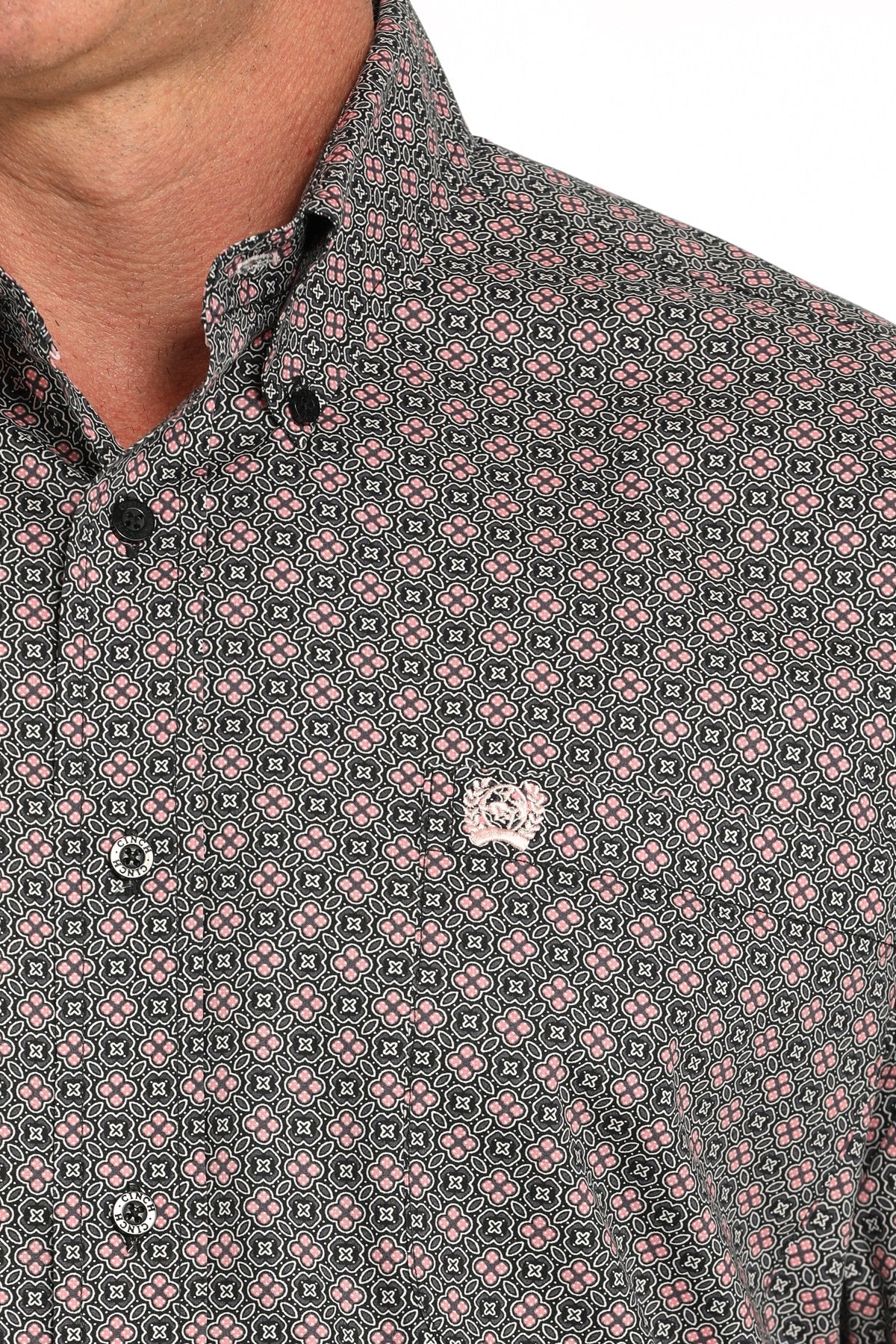 CINCH MEN'S MEDALLION PRINT BUTTON DOWN WESTERN SHIRT - GREY/PINK