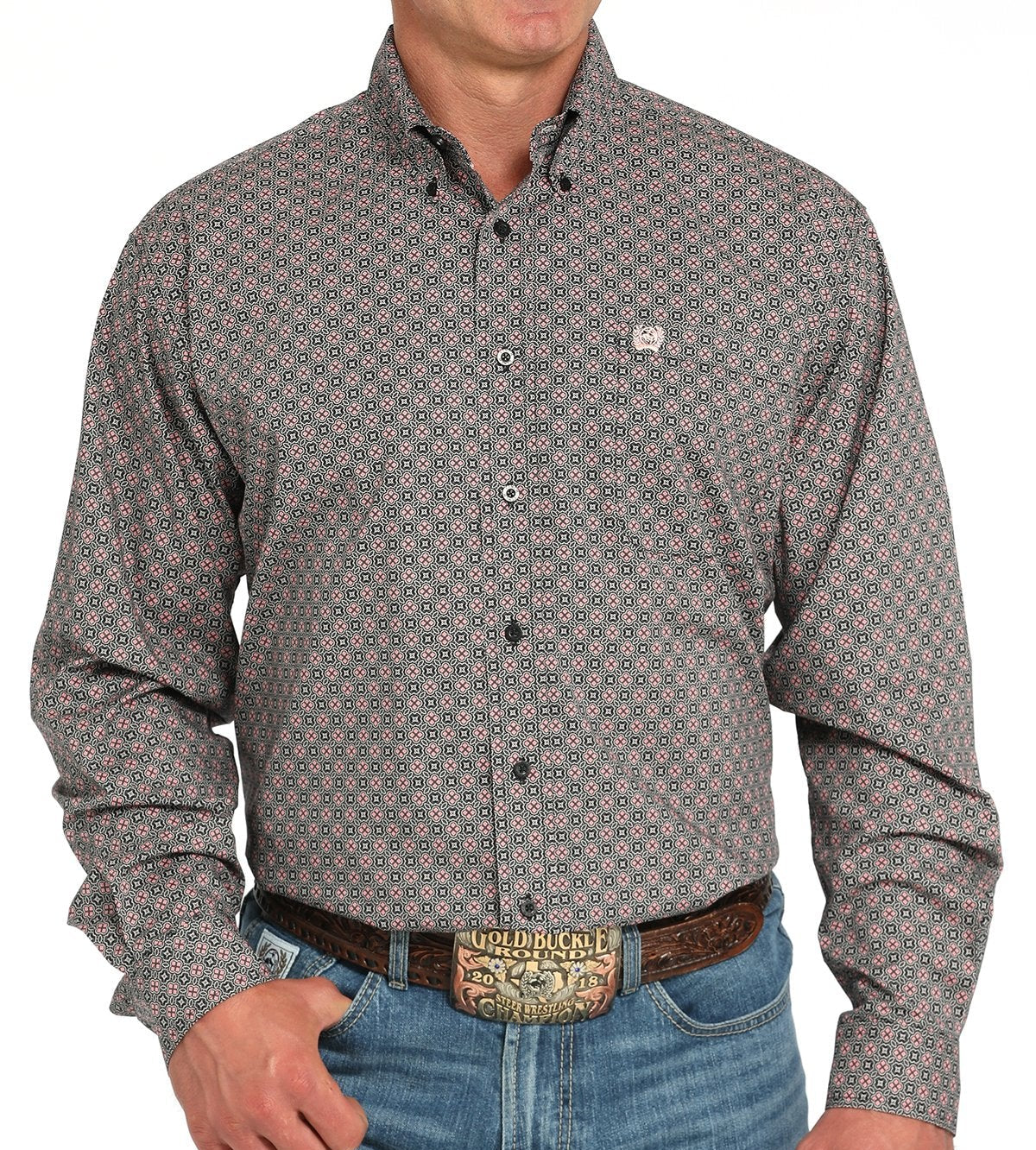 CINCH MEN'S MEDALLION PRINT BUTTON DOWN WESTERN SHIRT - GREY/PINK