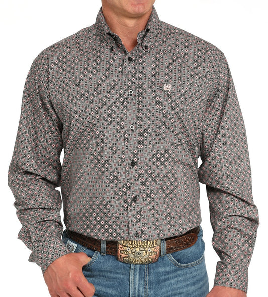 CINCH MEN'S MEDALLION PRINT BUTTON DOWN WESTERN SHIRT - GREY/PINK