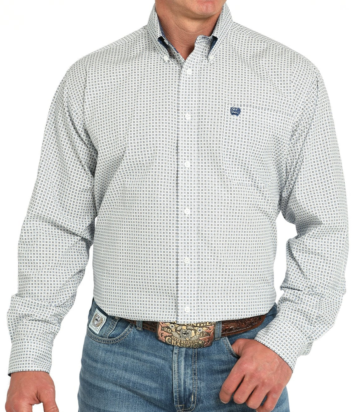 CINCH MEN'S GEOMETRIC PRINT BUTTON-DOWN WESTERN SHIRT - WHITE/BLUE