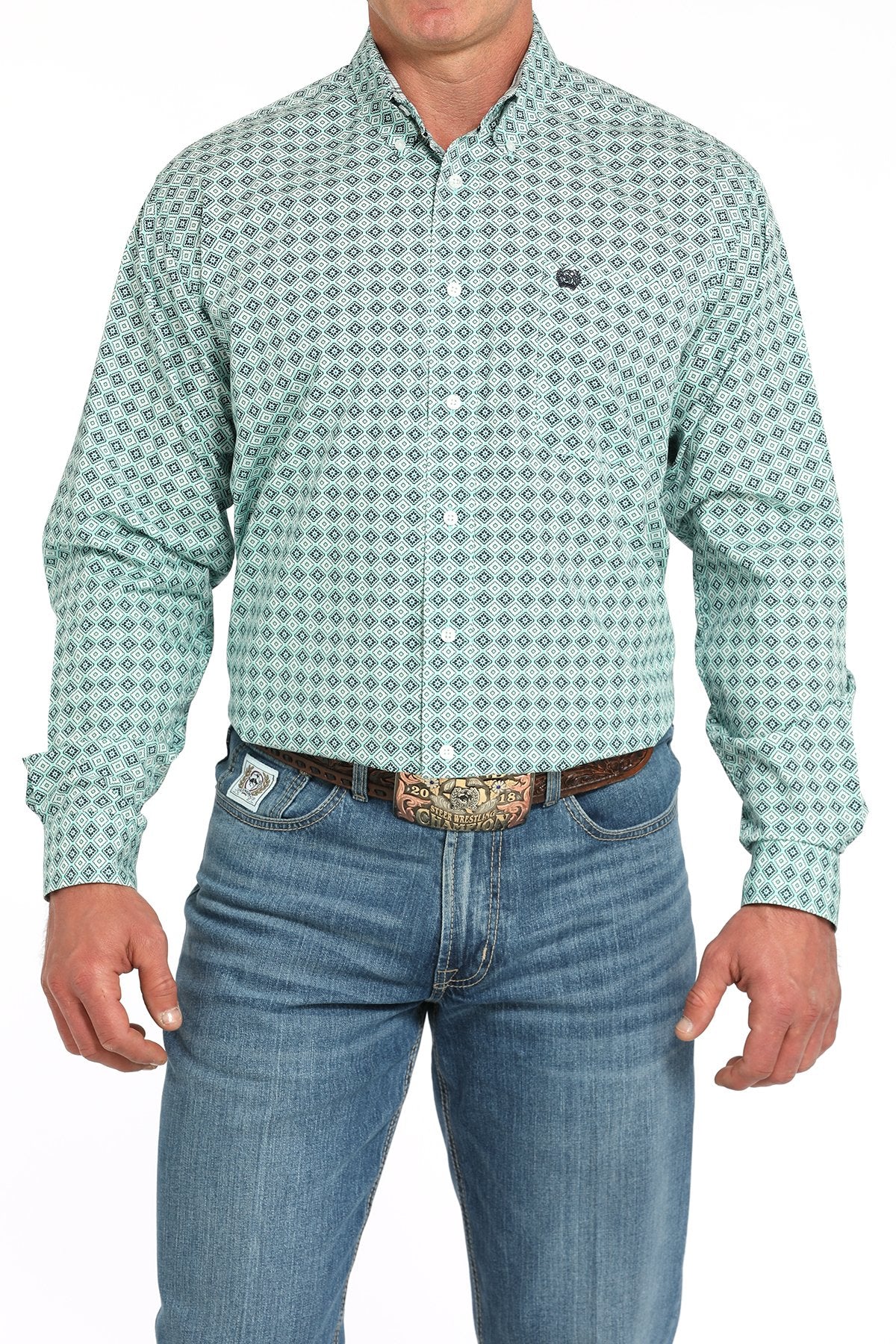 CINCH MEN'S MEDALLION PRINT BUTTON DOWN WESTERN SHIRT - TURQUOISE