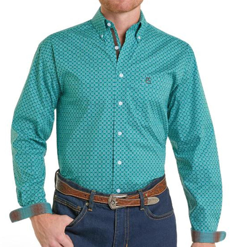 PANHANDLE MEN'S ROUGHSTOCK BUTTON-DOWN LONG SLEEVE SHIRT - TURQUOISE