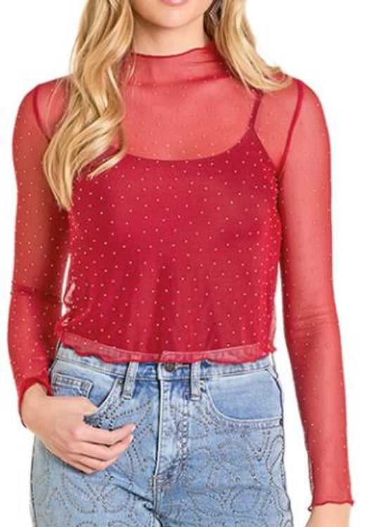 ROCK AND ROLL DENIM RHINESTONE MESH TOP in SCARLET