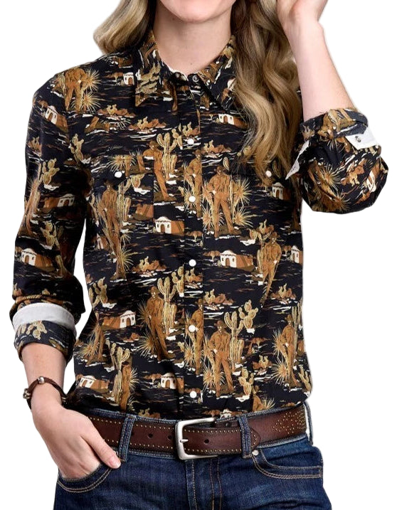 TIN HAUL LADIES' WESTERN PRINT SHIRT - BLACK