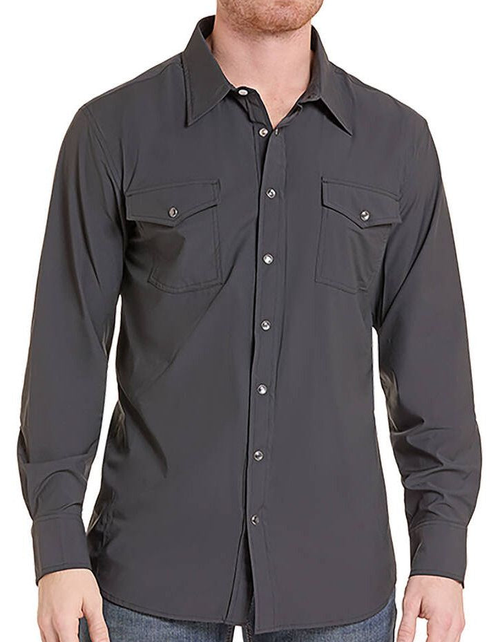 ROCK & ROLL MEN'S LONG SLEEVE TEK WESTERN SOLID DRESS SHIRT in BLACK