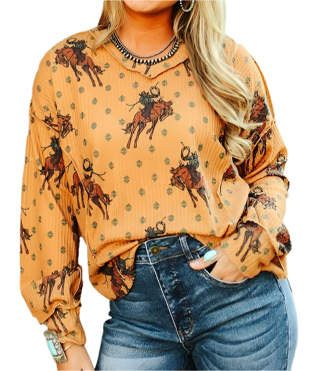 MUSTARD COWBOY PRINT V-NECK WAFFLE TOP