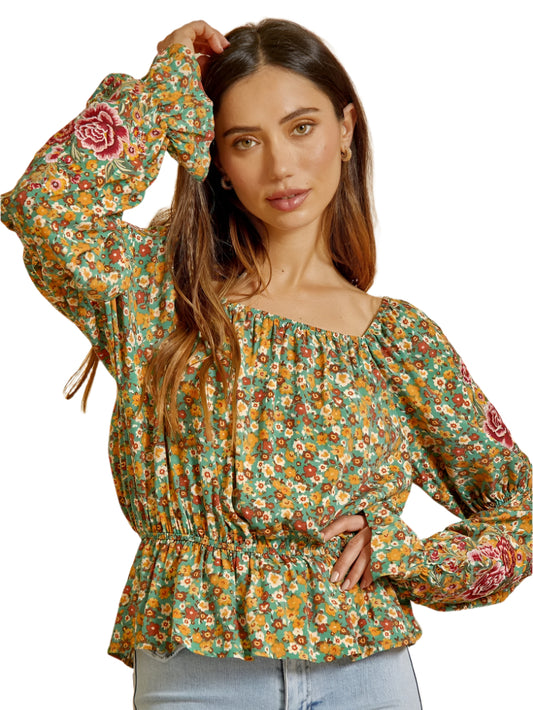 SAVANNAH JANE FLORAL PEASANT TOP in SAGE/RUST