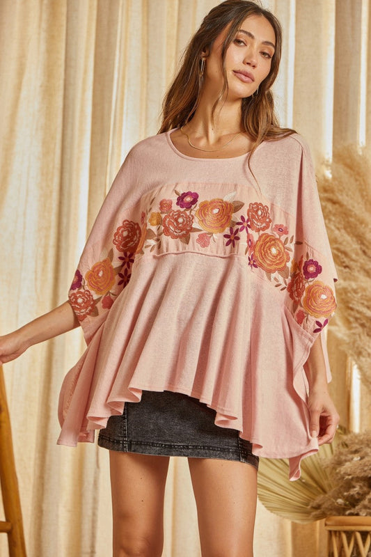 PLUS SIZE SAVANNA JANE EMBROIDERED KNIT PONCHO TOP in DUSTY ROSE