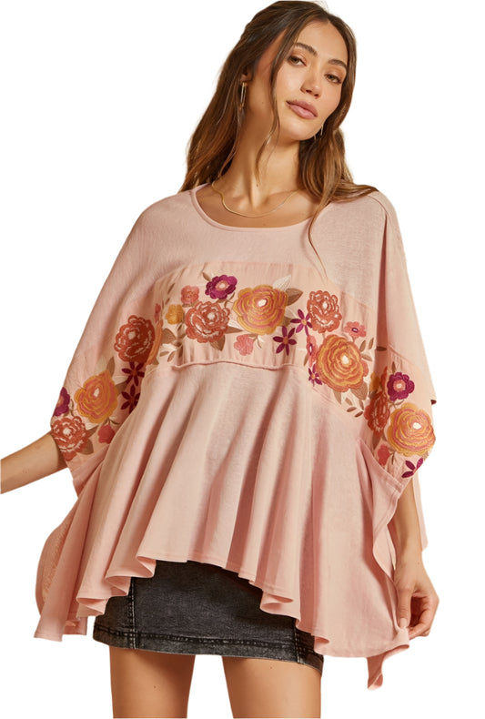 PLUS SIZE SAVANNA JANE EMBROIDERED KNIT PONCHO TOP in DUSTY ROSE