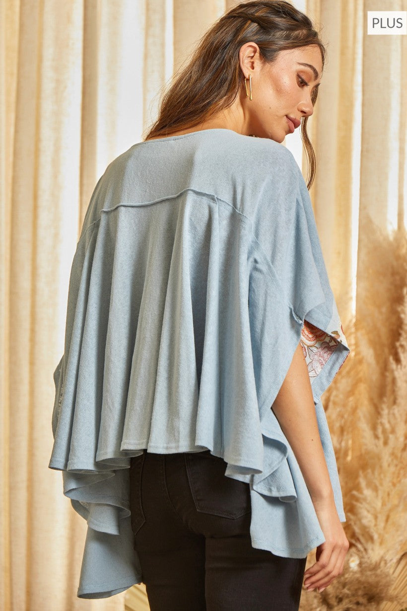 PLUS SIZE SAVANNA JANE EMBROIDERED KNIT PONCHO TOP in DUSTY BLUE
