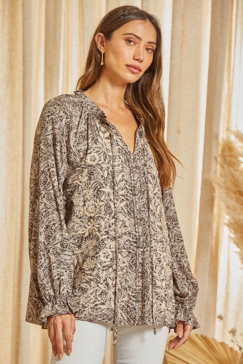 PLUS SIZE SAVANNA JANE EMBROIDERED PAISLEY BLOUSE in CHARCOAL MOCHA