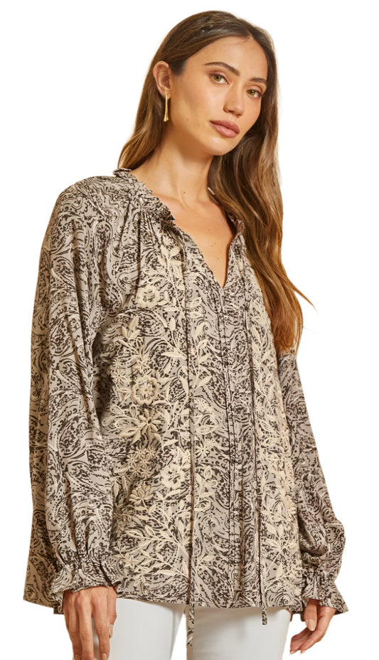 PLUS SIZE SAVANNA JANE EMBROIDERED PAISLEY BLOUSE in CHARCOAL MOCHA