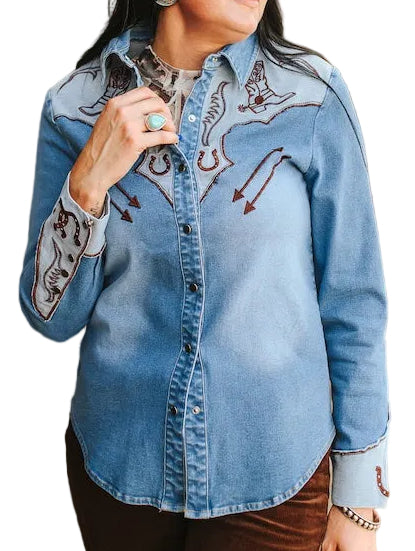 STRETCH DENIM WESTERN EMBROIDERED SNAP SHIRT