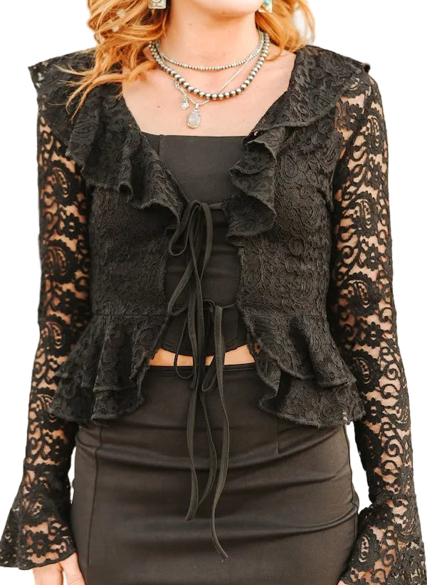 BLACK CROCHET LACE RUFFLE LONG SLEEVE FRONT TIE SHAWL TOP