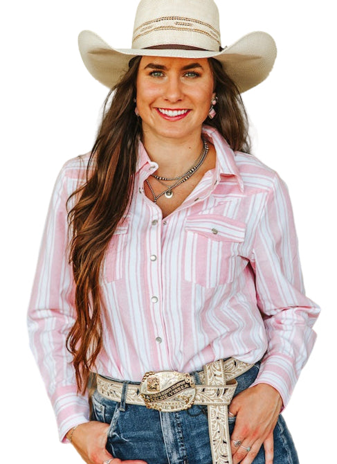 IVORY & PINK STRIP WESTERN YOKE PEARL SNAP SHIRT