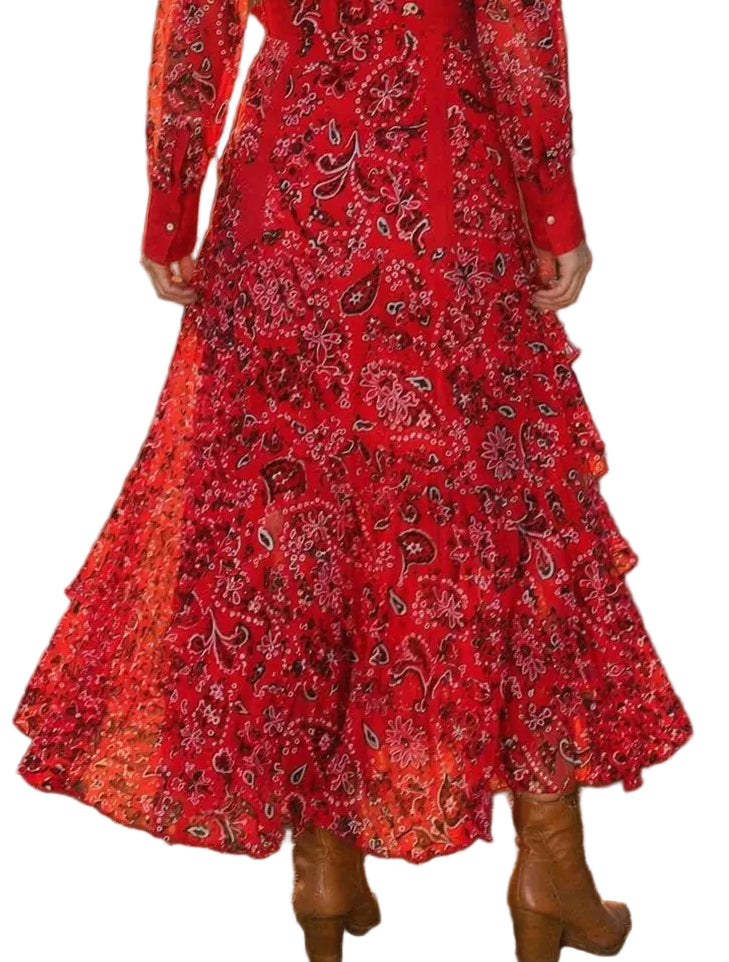 W.A.Y. RED BANDANA PRINT MESH TIERED MAXI SKIRT