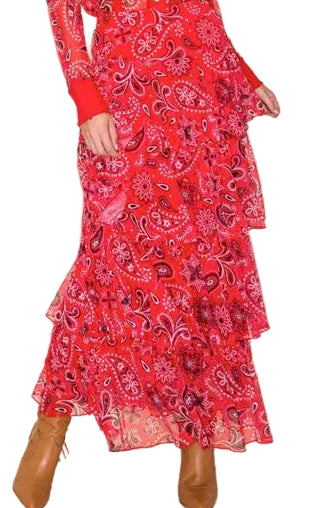 W.A.Y. RED BANDANA PRINT MESH TIERED MAXI SKIRT