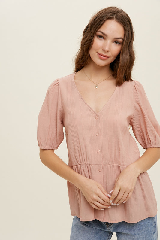 TEXTURED PUFF SLEEVE BABYDOLL TOP in BLUSH