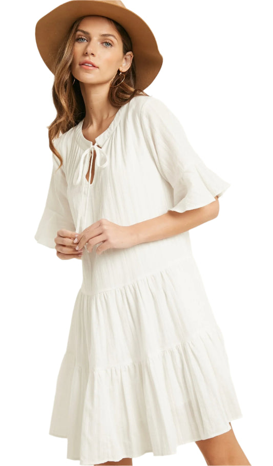 BELL SLEEVE TIERED MINI DRESS in IVORY