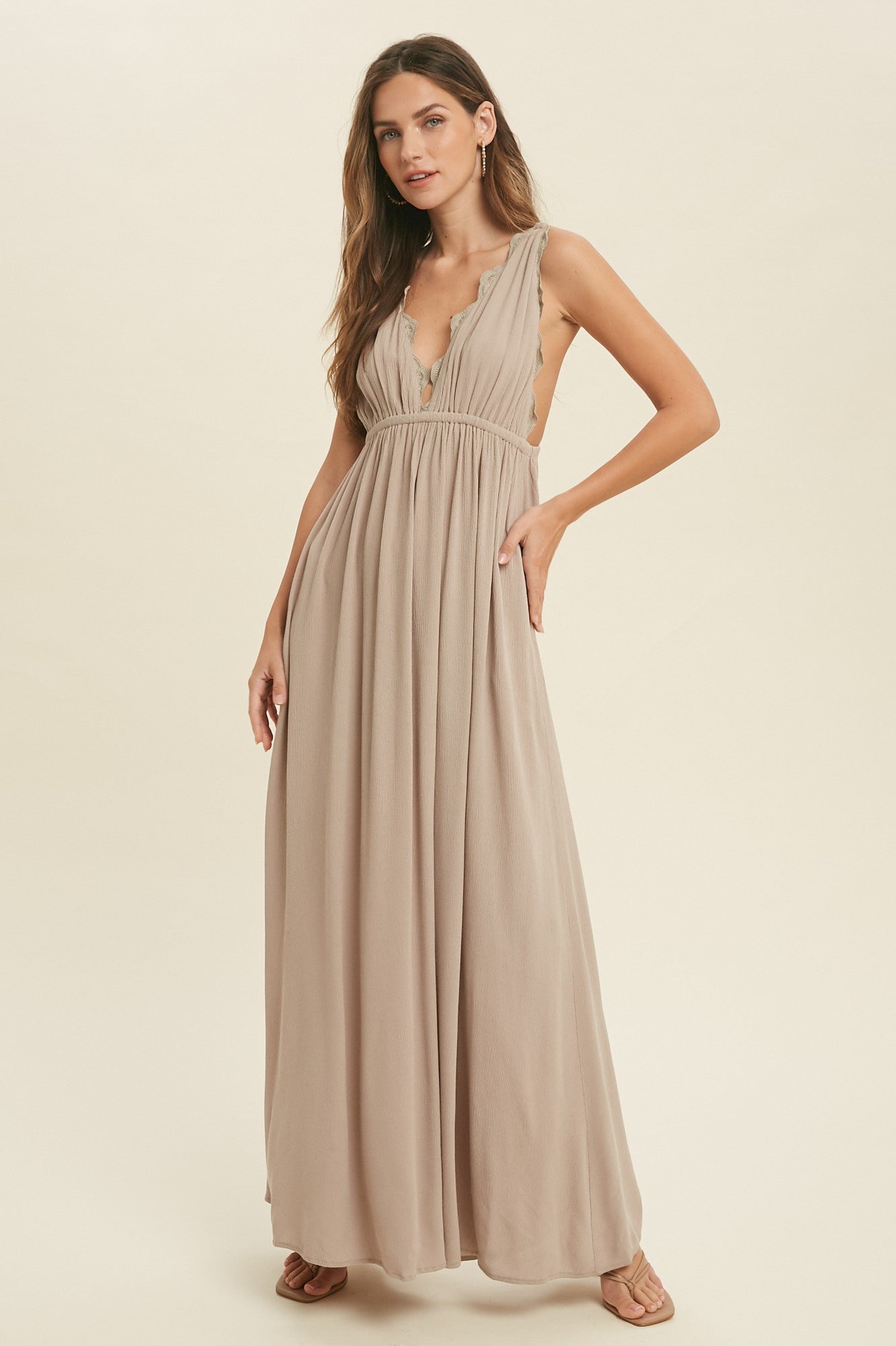 SCALLOP LACE TRIM HALTER MAXI DRESS in STONE