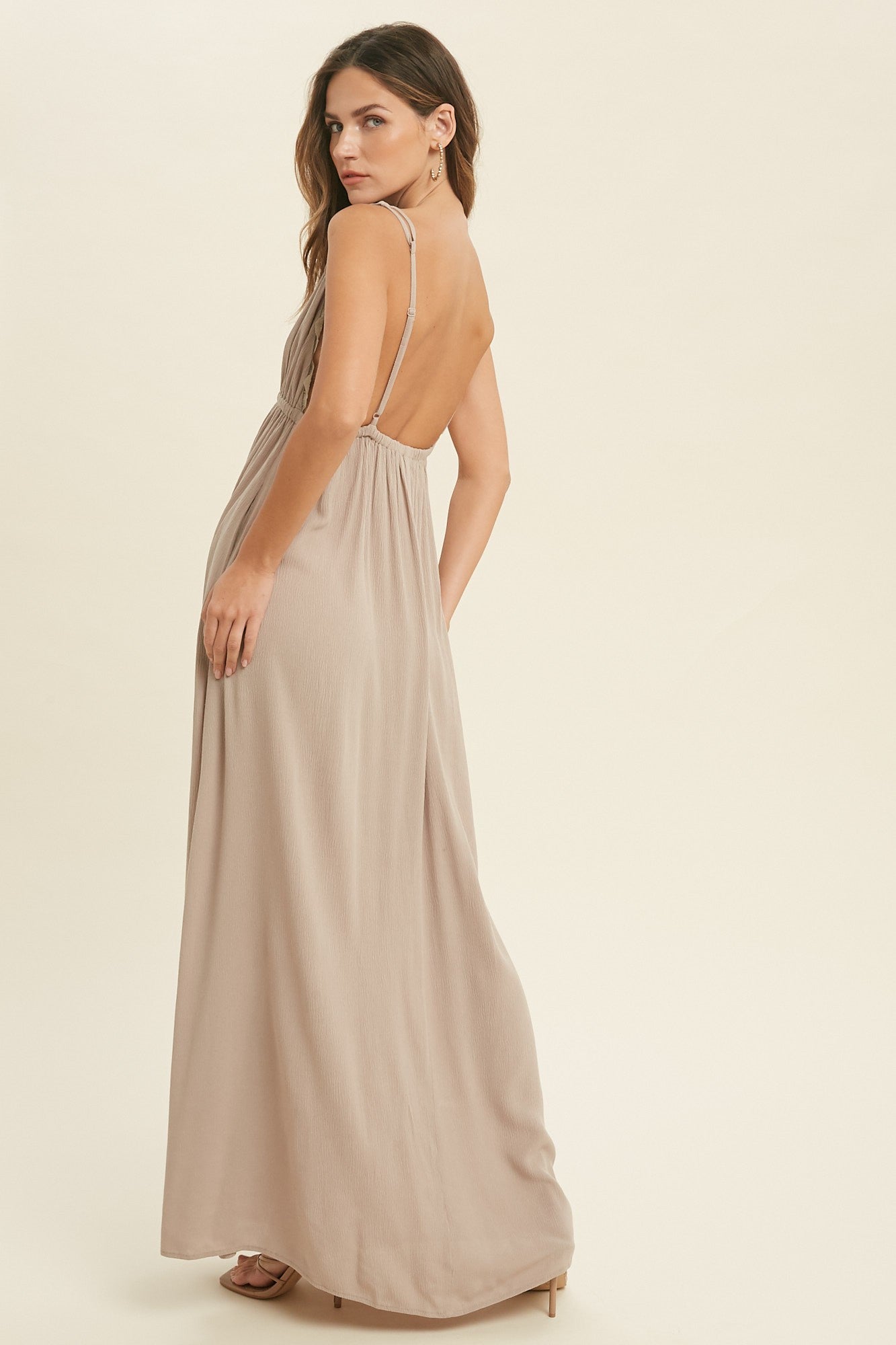 SCALLOP LACE TRIM HALTER MAXI DRESS in STONE