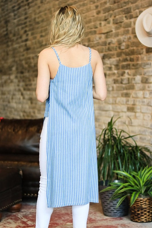 DENIM STRIPED LONG CAMI WITH SIDE SLITS