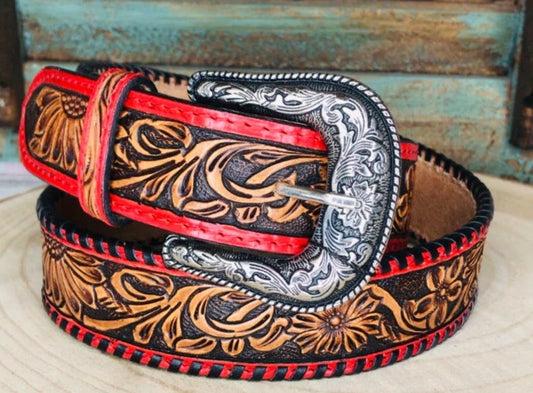 American Darling Tooled Leather Belt - Red Floral