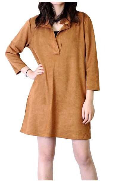 WONDERFUL AND YOUNG ULTRA-SUEDE SHIRT DRESS in CAMEL
