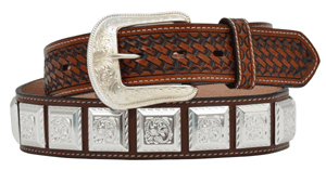 MENS BROWN TOOLED WITH SILVER SQUARE CONCHOS