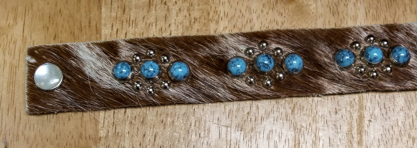 Turquoise Studded Hair-On-Hide Leather Bracelet