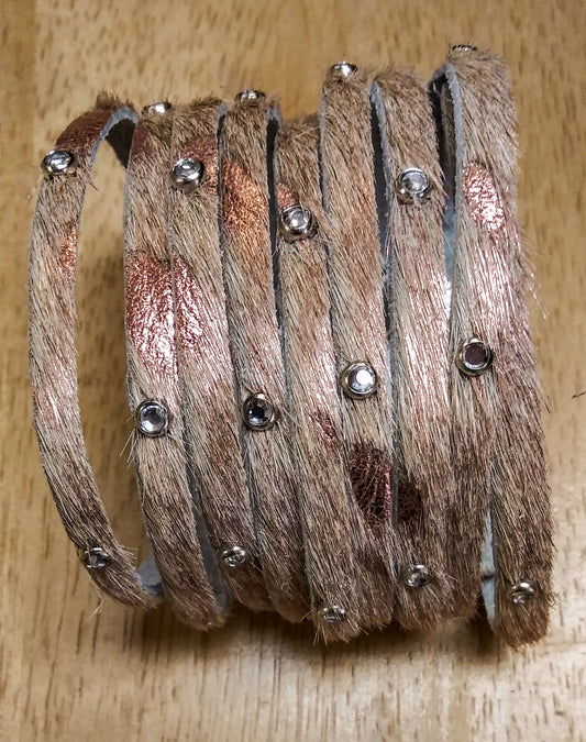 2" Fringe Rhinestone Studded Hair-On Leather Bracelet