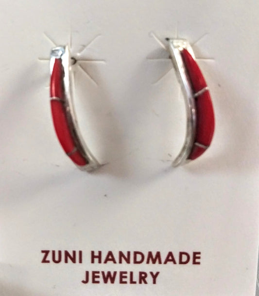 Zuni Sterling Silver & Stone Inlay J-Hoop Earrings