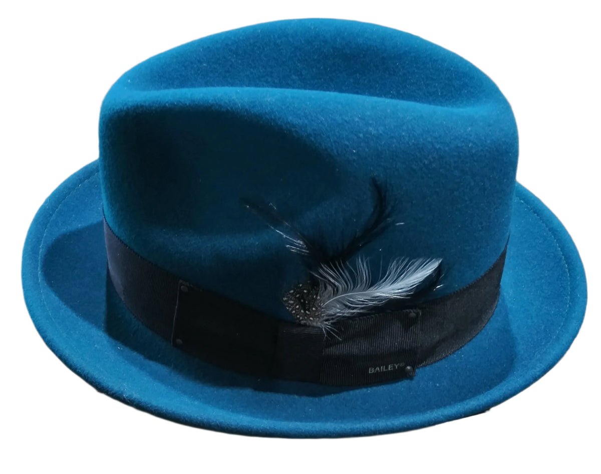 LUMINOUS 1960s\' BLUE FELT FEDORA + BOW, EMBELLISHED FEATHERS & SEQUINED VEILING Camel felt fedora with game bird feather - All Dunn Up  main image 3
