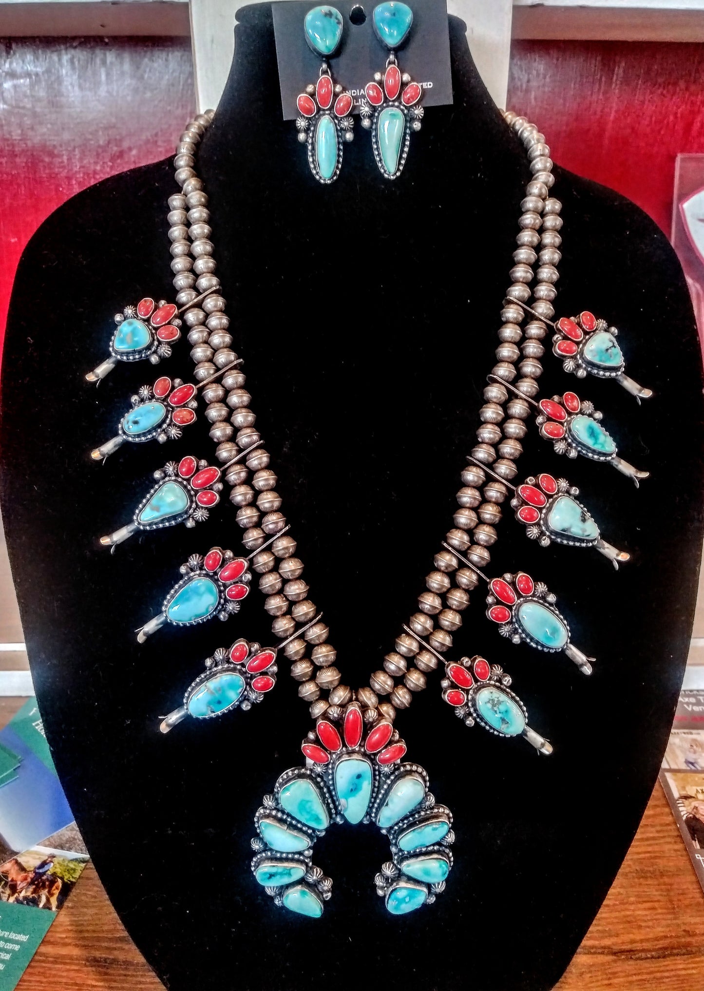 Sterling Silver, Sonoran Gold Turquoise and Red Coral Squash Blossom Necklace and Earring Set