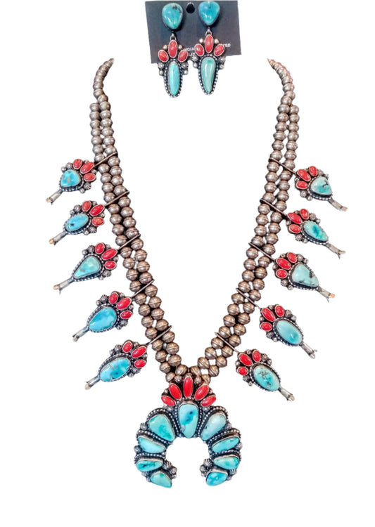 Sterling Silver, Sonoran Gold Turquoise and Red Coral Squash Blossom Necklace and Earring Set
