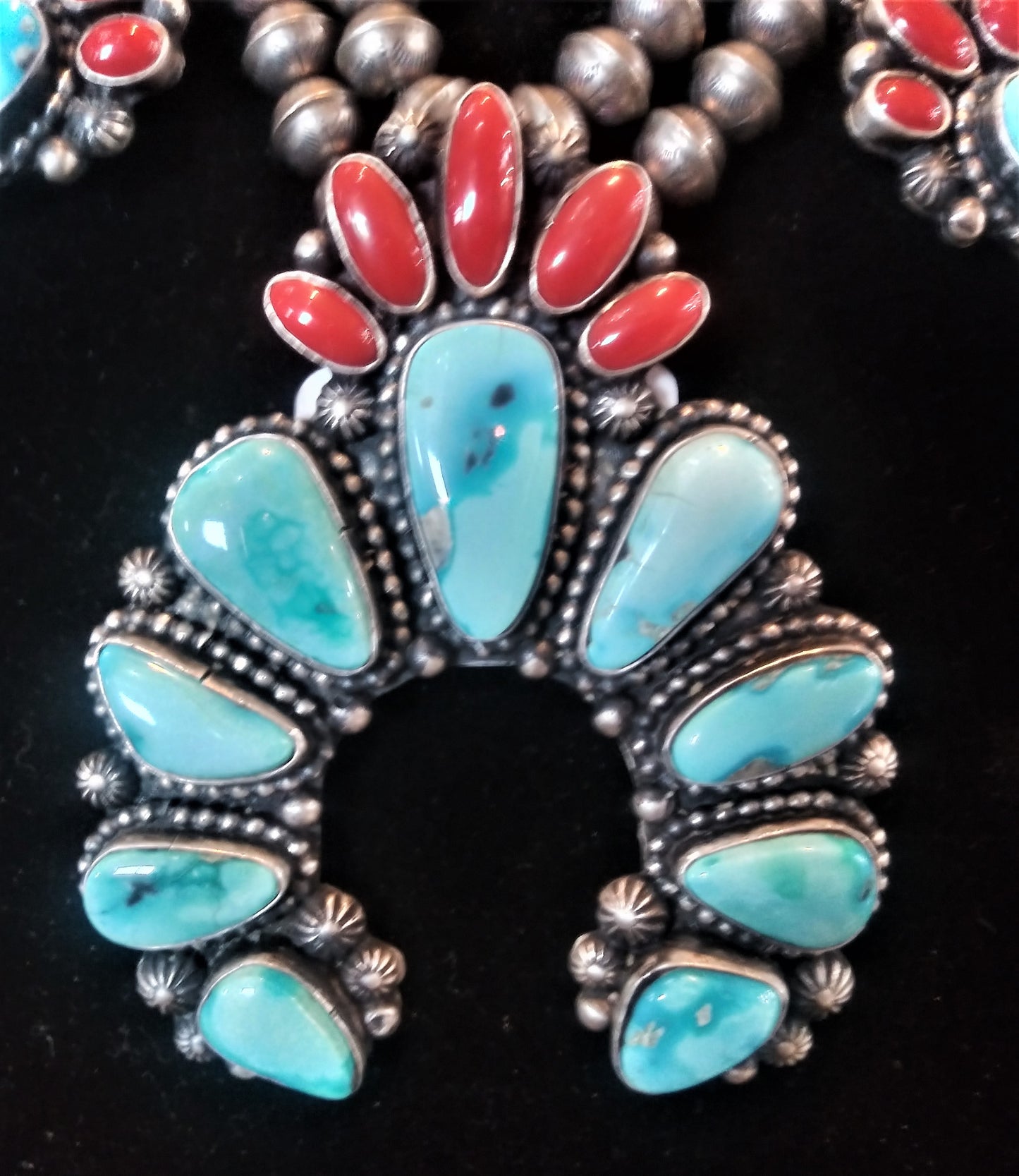 Sterling Silver, Sonoran Gold Turquoise and Red Coral Squash Blossom Necklace and Earring Set