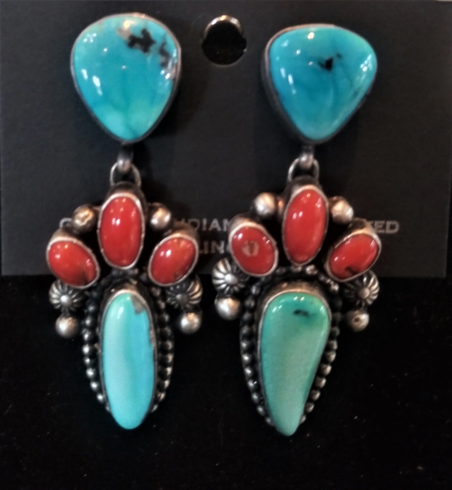 Sterling Silver, Sonoran Gold Turquoise and Red Coral Squash Blossom Necklace and Earring Set