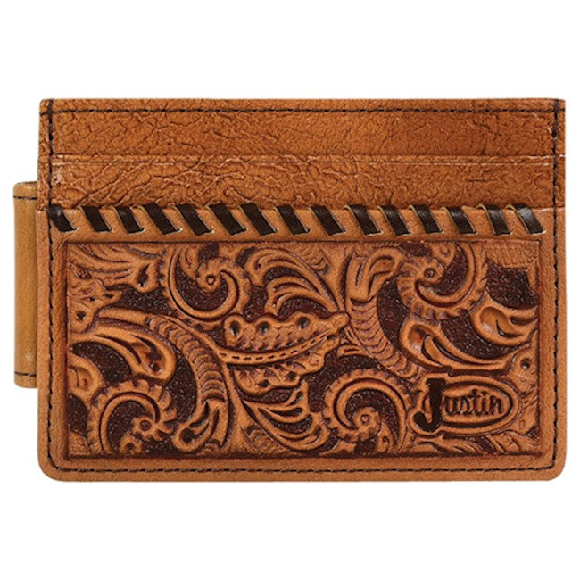JUSTIN CARD WALLET TAN TOOLED W/WHIPSTITCH
