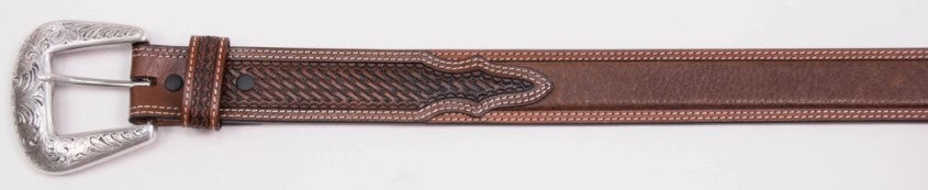 MEN'S BELT WITH DOUBLE STITCHED BORDER & WINDOW INLAY in BROWN
