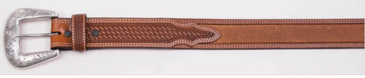 MEN'S BELT WITH DOUBLE STITCHED BORDER & WINDOW INLAY in TAN