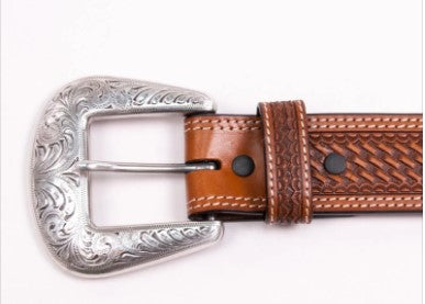 MEN'S BELT WITH DOUBLE STITCHED BORDER & WINDOW INLAY in TAN
