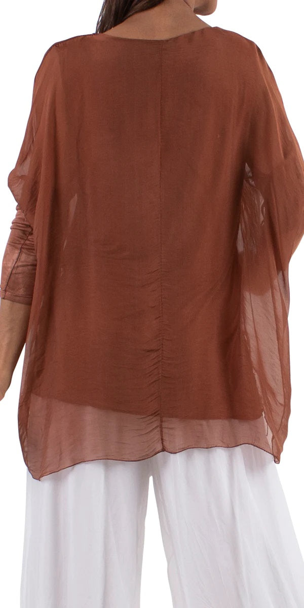 SARNO SILK KAFTAN ROUND NECK TOP in RUST